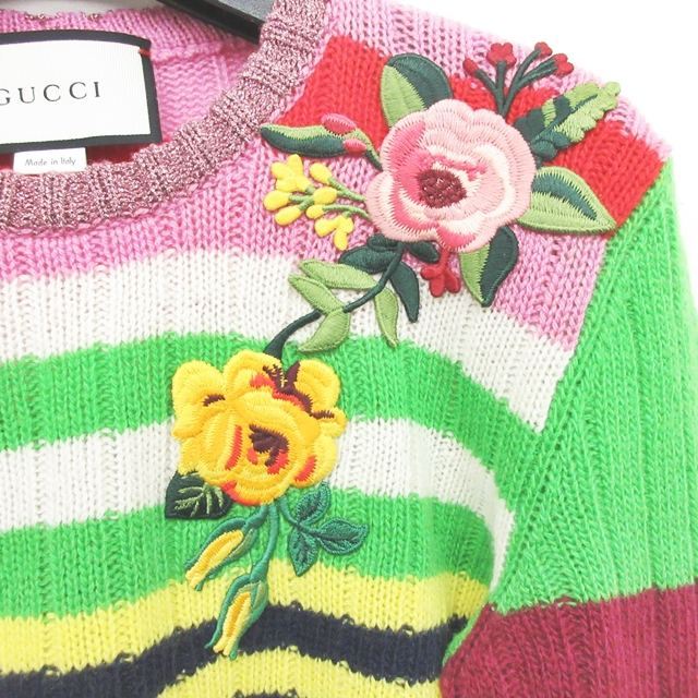 グッチ GUCCI 美品 マルチボーダー フラワー刺繍 チュニックニット  