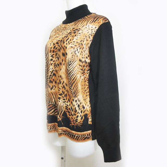 未使用品 レオナール LEONARD FASHION タグ付 長袖 ニット タートルネック シルク混 ウール 豹柄 レオパード柄 アニマル柄 ベージュ 黒 L 0528 IBO23 レディース