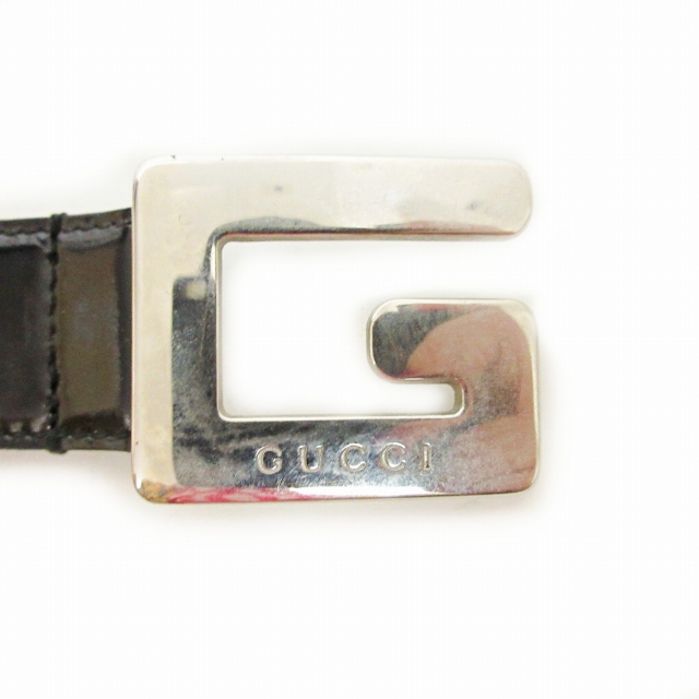 グッチ GUCCI トップ式 ベルト レザー エナメル Gバックル ブラック