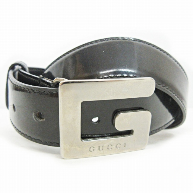 グッチ GUCCI トップ式 ベルト レザー エナメル Gバックル ブラック