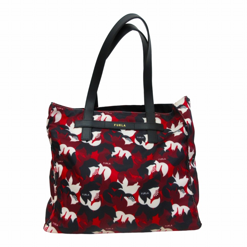 フルラ FURLA 美品 ナイロン ショルダーバッグ ハンド 総柄 赤×黒 