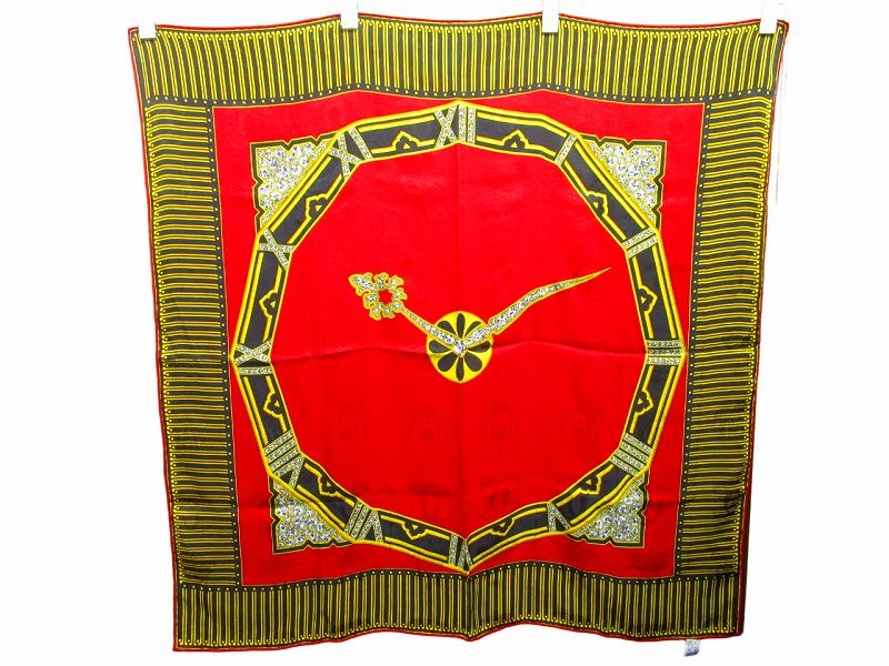 カルティエ Cartier シルクスカーフ ストール 時計 赤 レッド 金 黒