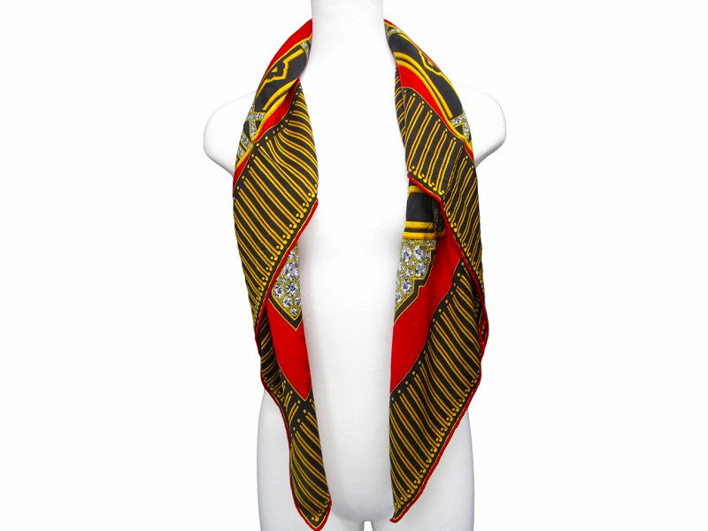 カルティエ Cartier シルクスカーフ ストール 時計 赤 レッド 金 黒