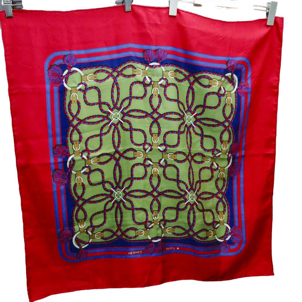 エルメス HERMES カレ90 チェーン スカーフ ロープ タッセル シルク