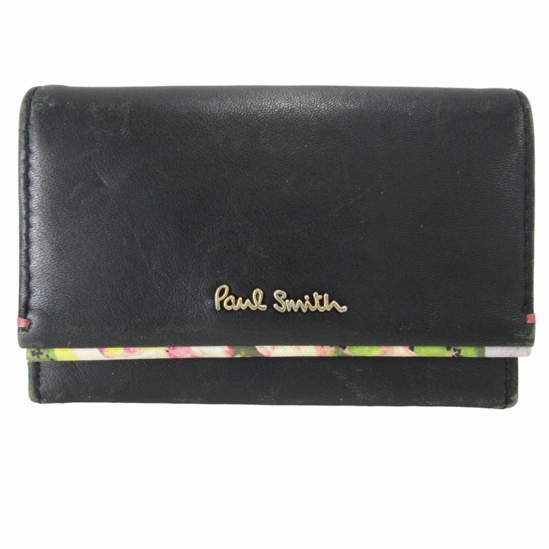 ポールスミス PAUL SMITH カードケース 名刺入れ レザー 花柄 ロゴ 黒 