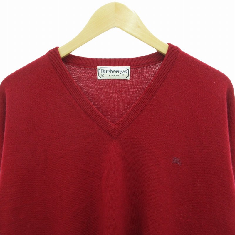 バーバリーズ Burberrys ニット セーター Vネック ロゴ刺繍 8 XL 赤