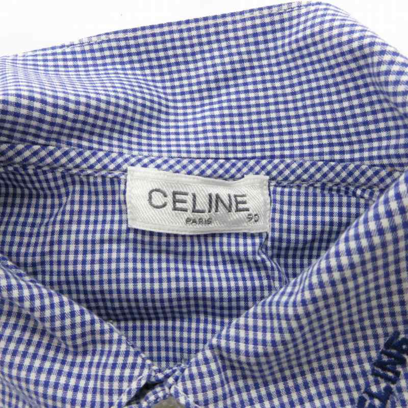 美品♡ セリーヌ フィービー期 バンドカラーシャツ ドット刺繍 チェック シャツ Celine(セリーヌ) ルーズ チェックシャツ コットン＆リネン