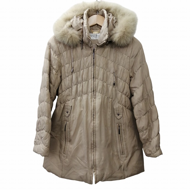 BALMAIN シルク ダウンコート L相当 ブルーフォックス ベージュ バルマン BALMAIN シルク ダウンジャケット ブルーフォックス