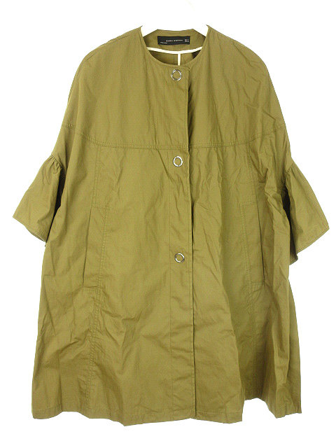 ザラウーマン Zara Woman ノーカラー コート S 袖フレア 変形袖 緑系