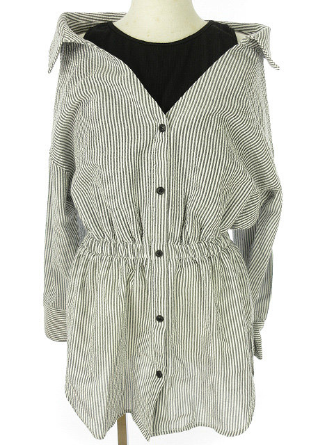アズールバイマウジー Azul By Moussy フェイク レイヤード ストライプ ブラウス シャツ チュニック S オフホワイト グレー系 長袖 トップス レディース 051 ベクトルパーク