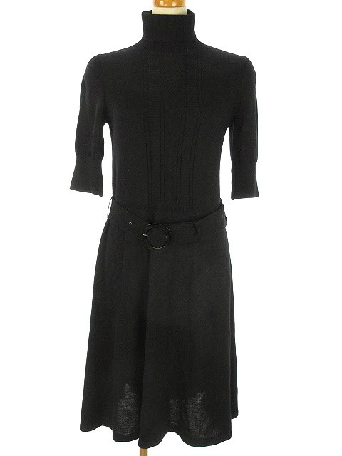 ケティ Ketty ウール混 五分袖 タートルネック ワンピース M ブラック 黒 ベルト付き 膝丈 レディース 051 ベクトルパーク