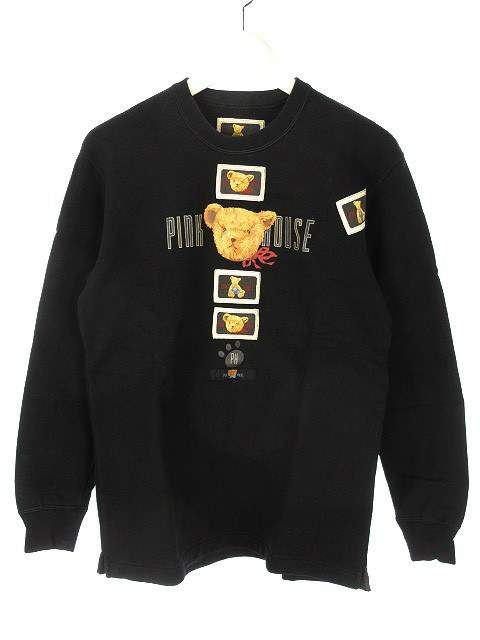 ピンクハウス Pink House くま ネーム付き プリント スウェット トレーナー L ブラック 黒 テディベア 長袖 トップス レディース 051 ベクトルパーク