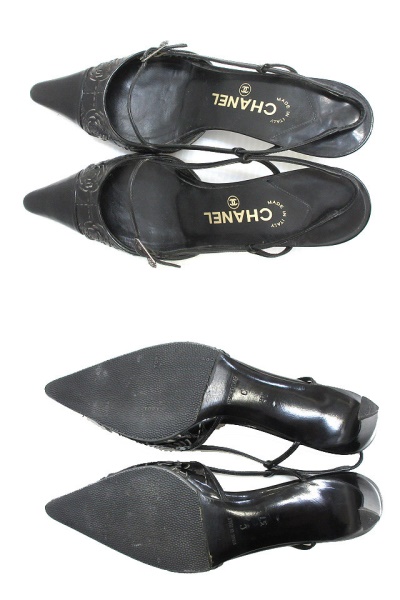 シャネル Chanel Slingback Classic Shoes カメリア ストラップ ポインテッドトゥサンダル パンプス レザー 本革 37 黒 ブラック ミュール 靴 シューズ レディース 051 ベクトルパーク