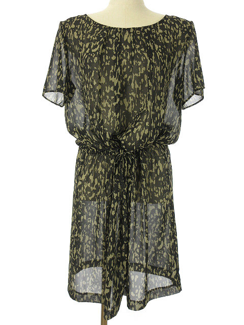 インディヴィ Indivi 総柄 シースルー ワンピース タック 42 ブラック ベージュ系 半袖 膝丈 レディース 051 ベクトルパーク