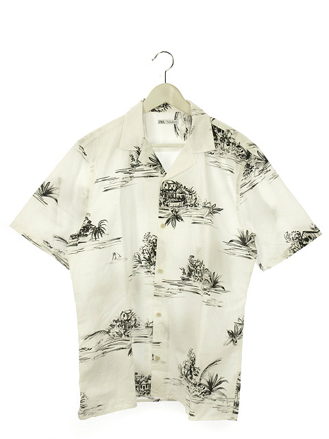 ザラ Zara オープンカラー シャツ プリント コットン L ホワイト 白 ブラック 黒 トップス 半袖 綿 メンズ 051 ベクトルパーク