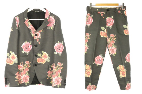 コムデギャルソンオムプリュス Comme Des Garcons Homme Plus バラ柄 薔薇柄 セットアップ ジャケット パンツ S グレー ピンク スーツ 花柄 上下セット ボトムス メンズ 051 ベクトルパーク