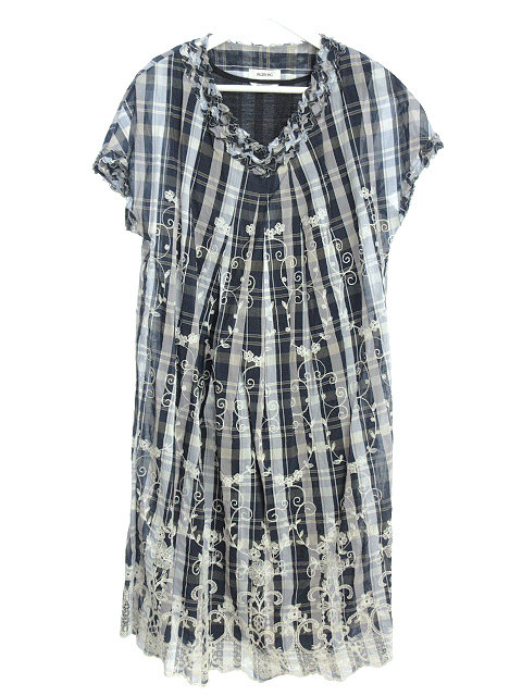 インゲボルグ Ingeborg 綿 シルク ローン コードチェック ワンピース 刺繍 ブルー系 インナー付き レディース 051 ベクトルパーク