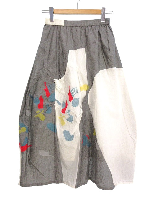 ジウ 慈雨 ジャガード 変形 スカート 40 コットン 綿 グレー 白  