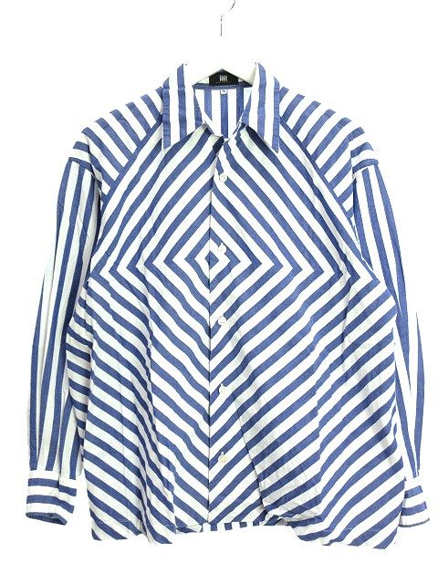 イッセイミヤケ ISSEY MIYAKE im 変形切替 ストライプ シャツ M ブルー 
