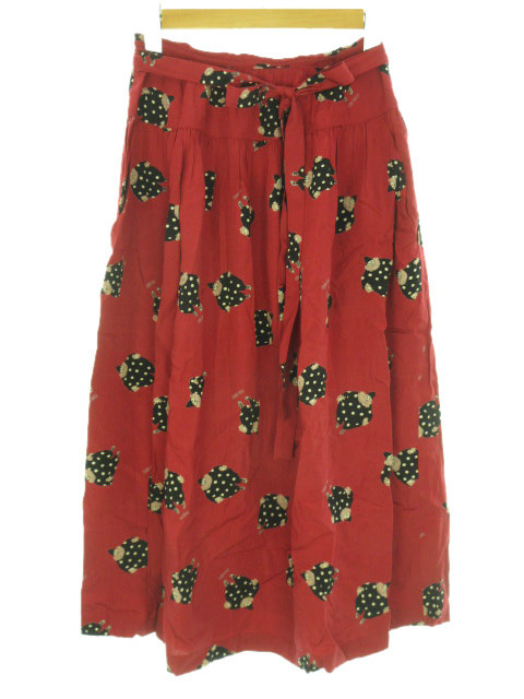 ピンクハウス PINK HOUSE フレアスカート リボン 膝下丈 ピエロ柄 赤  