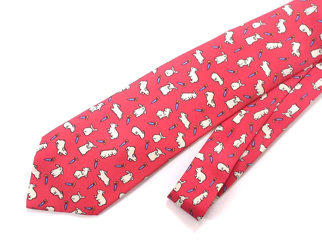 エルメス HERMES シルク ネクタイ うさぎ プリント ピンク ウサギ 絹