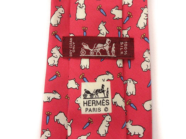 エルメス HERMES ネクタイ シルク サーモンピンク 動物柄 /ウサギ エルメス HERMES シルク ネクタイ うさぎ プリント ピンク ウサギ 絹