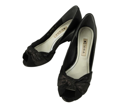 ダイアナ DIANA パンプス オープントゥ リボン ウェッジヒール ラメ