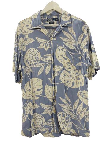 【中古】ポロ バイ ラルフローレン Polo by Ralph Lauren ADAMS レーヨン アロハシャツ リーフ柄 水色 M ポロ バイ ラルフローレン Polo by Ralph Lauren ADAMS レーヨン