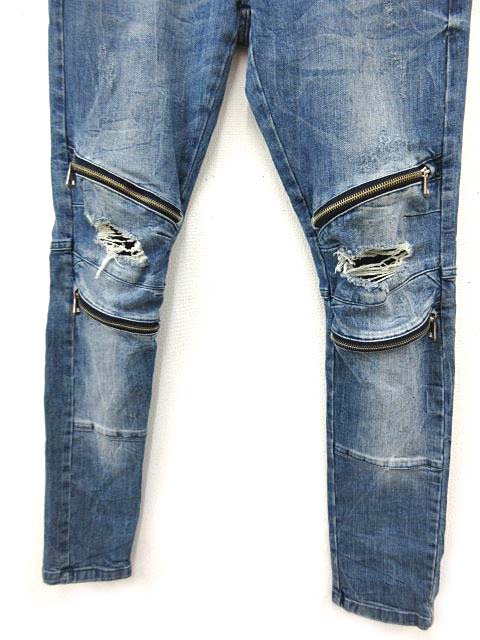 ザラ Zara バイカー デニム パンツ クラッシュ ダメージ加工 膝ジップ スリム ジーンズ 40 青 ブルー S4843 メンズ 052 ベクトルパーク