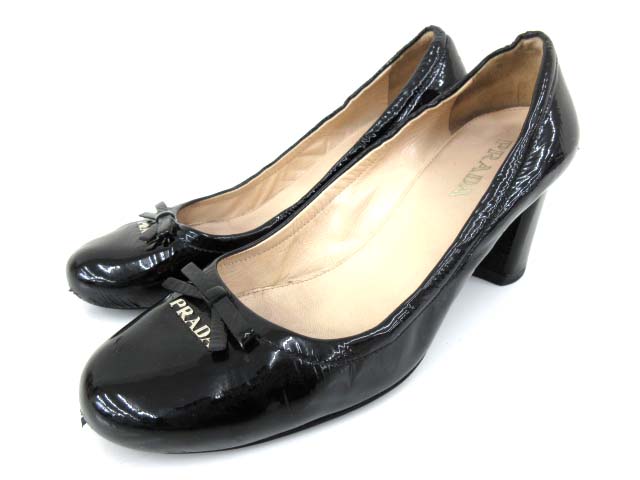 プラダ PRADA パテントレザー パンプス ロゴ リボン 太ヒール 361/2 黒  