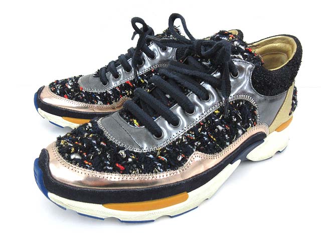 シャネル CHANEL ツイード スニーカー ローカット 切替え メタリック  