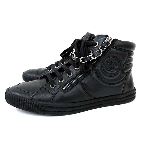 シャネル CHANEL ハイカット チェーン スニーカー シューズ Wジップ 