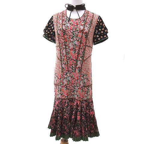 コーチ Coach 16ss パフィー スリーブ フロント ビブ ドレス ワンピース 半袖 膝丈 フラワー 小花柄 プリーツ 切替 ピンク 黒 ブラック Xs Fnm レディース 052 ベクトルパーク