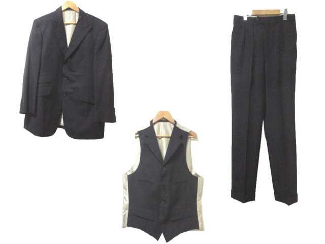 バーバリーズ Burberrys スーツ 3ピース タスマニアウール シングル ストライプ テーラード ジャケット 3b ベスト スラックス パンツ タック 紺 ゴールド ネイビー 胸ポケット 96 84 175 L40 Ibs35 X メンズ 052 ベクトルパーク