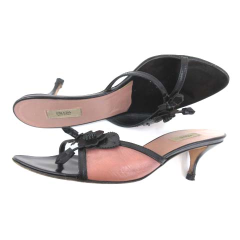 プラダ PRADAレザー フラワー サンダル ミュール 黒 36 プラダ PRADA レザー サンダル フラワーモチーフ ミュール