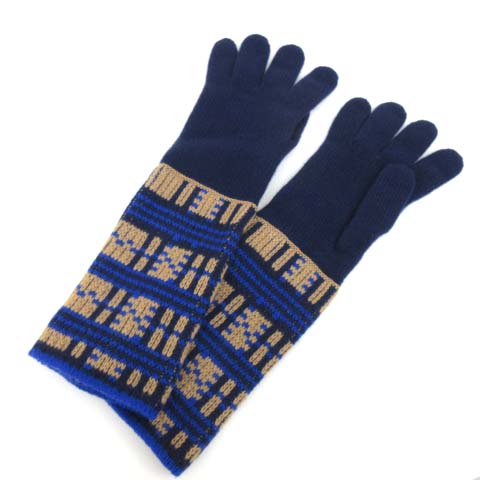 エルメス Hermes カシミヤ ロング 手袋 サロメ ニット グローブ チェック柄 M 紺 ネイビー S Ibs50 レディース 052 ベクトルパーク