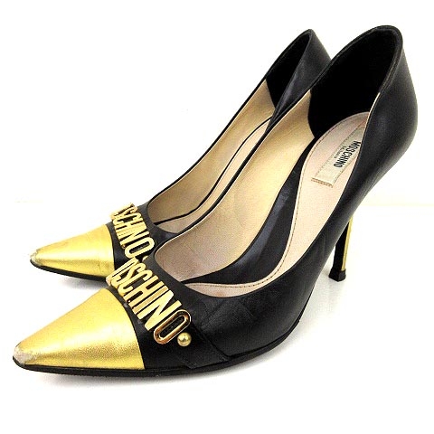 モスキーノ Moschino メタルロゴ パンプス ポインテッドトゥ キャップトゥ ピンヒール レザー 39 約26cm 大きいサイズ バイカラー 黒 ブラック ゴールド Nvw レディース 052 ベクトルパーク