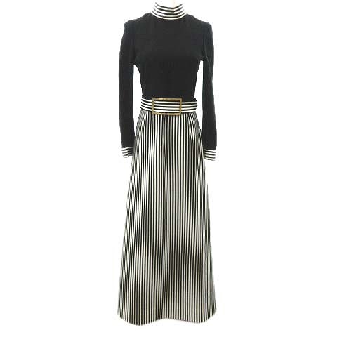 レリアン Leilian ビンテージ ワンピース 長袖 ハイネック ロング マキシ ジャージー ストライプ切替 S Mサイズ相当 黒 ブラック 白 ホワイト モノトーン Ibs78 A レディース 052 ベクトルパーク