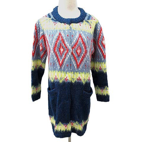 ロデオクラウンズ Rodeo Crowns 17aw ニット コート ガウン ロング カーディガン ネイティブ柄 総柄 モヘヤ混 S 青 ブルー A レディース 052 ベクトルパーク