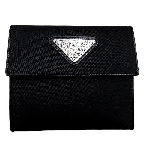 プラダ PRADA 三つ折り 財布 ナイロン レザー ラインストーン 