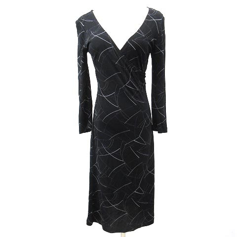 ビーシービージードレス bg Dresses ワンピース カシュクール ストレッチ ひざ丈 薄手 七分袖 7分袖 プリント 総柄 レーヨン S 黒 ブラック N レディース 052 ベクトルパーク