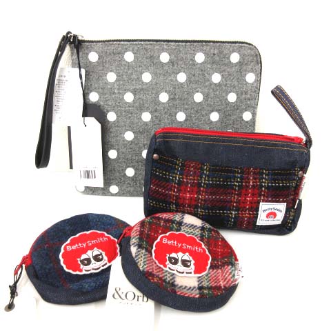 未使用品 ハリスツイード Harris Tweed ベティスミス Betty Smith 4点セット ポーチ ミニポーチ クラッチバッグ ウール デニム チェック ドット 紺 ネイビー グレー 赤 レッド Fk レディース 052 ベクトルパーク