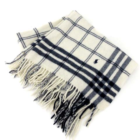 ラルフローレン Ralph Lauren マフラー ブランケット フリンジ チェック ウール ロゴ 刺繍 白 ホワイト 紺 ネイビー Fk Ibs84 レディース 052 ベクトルパーク