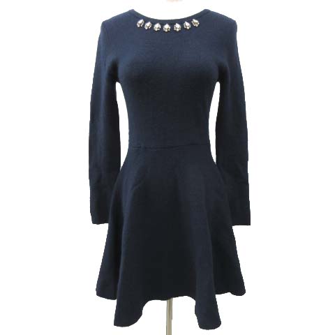 アプワイザーリッシェ Apuweiser Riche ワンピース ひざ丈 ネックビジュー アンゴラ混 ニット 切替フレア バックリボン 1 Sサイズ 紺 ネイビー レディース 052 ベクトルパーク