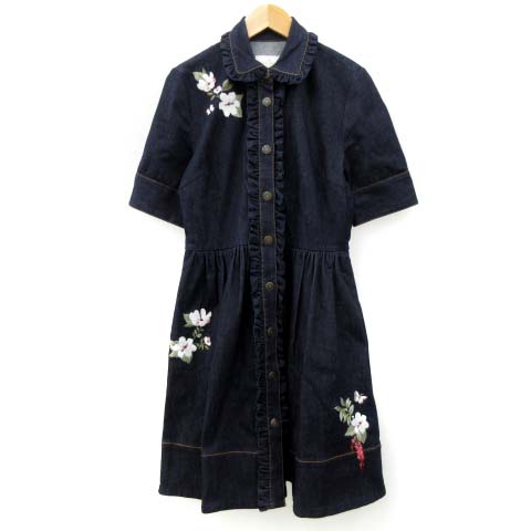 ケイトスペード Kate Spade 美品 ワンピース デニム フレア 刺繍 花柄 エンブロイダリー 膝丈 ミモレ丈 半袖 紺 ネイビー 2 Fk2471 Ibs87 レディース 052 ベクトルパーク