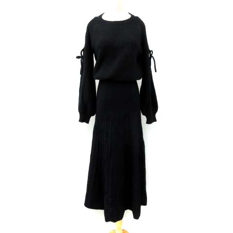 レディ Rady ワンピース ニット ロング マキシ丈 フレア オープンショルダー 長袖 リボン 無地 黒 ブラック M Fk レディース 052 ベクトルパーク