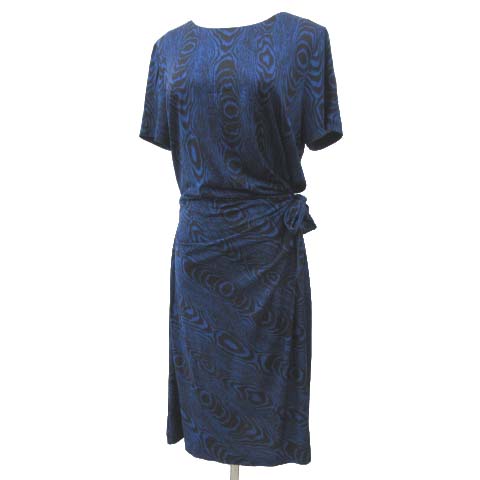 未使用品 ダイアンフォンファステンバーグ Diane Von Furstenberg タグ付き ワンピース ひざ丈 ウエストギャザー シルク ドレス 総柄 木目柄 14 約lサイズ 青 ブルー Ibs91 レディース 052 ベクトルパーク