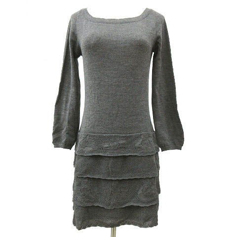 マリークワント Mary Quant ニット ワンピース 長袖 ミニ ウール混 デイジー 花 フレア ティアード フリル M グレー Nvw レディース 052 ベクトルパーク