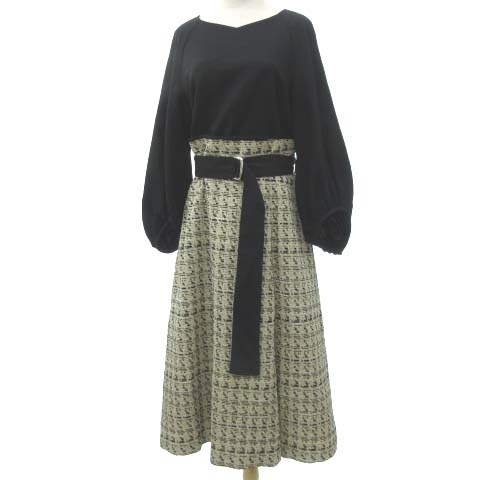アドーア Adore 美品 19aw インレイジャガード ドッキング ワンピース ロング パフスリーブ Vネック 38 M Lサイズ 黒 ベージュ Ecr レディース 052 ベクトルパーク