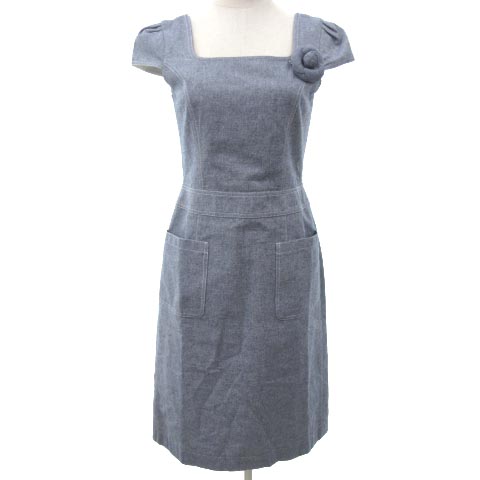 ルネ Rene Tissue社生地 ワンピース ひざ丈 シャンブレー フレンチスリーブ フラワーコサージュ 36 Mサイズ 青 ブルー Ibo1 レディース 052 ベクトルパーク